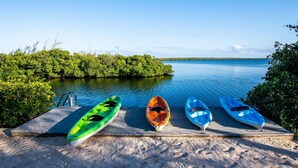 A wooden dock with kayaks and a ladder leading into calm water, surrounded by lush greenery. - Hidden Cove: Family Hideaway w/Free Kayaks & Bikes, Private Pool and Dock (Cayman Kai)