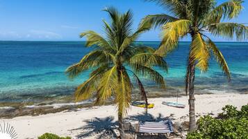 On the beach, sun-loungers, beach towels