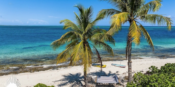 On the beach, sun-loungers, beach towels