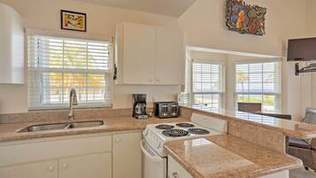 Fridge, microwave, stovetop, coffee/tea maker