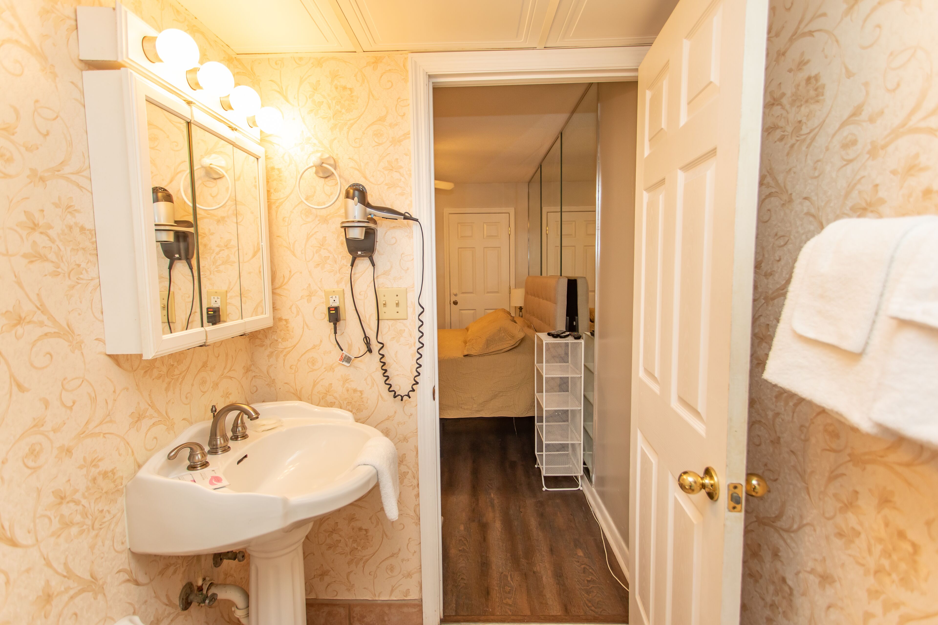 A bathroom with a sink, mirror, and hairdryer.