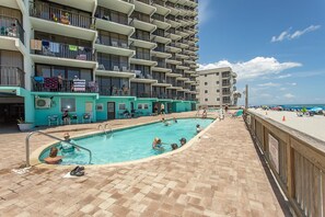 A rooftop pool area with a view of a high-rise building, a pool, and a beach in the background. - Beachfront Relaxation Starts Here (Murrells Inlet)
