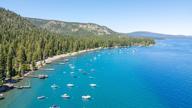 A coastal area with a marina, boats, and a forested hillside.