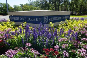 A sign for Shelter Cove Harbour surrounded by vibrant flowers.
