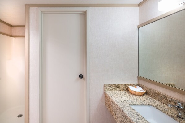 A bathroom with a white door, a granite countertop, a sink, and a mirror. - Riverside Room With King Bed (Telluride)
