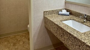 A bathroom with a granite countertop sink, a mirror, and a towel dispenser. - Mountainside Inn Hotel Room With Kitchenette (Telluride)