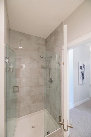 Shower, hair dryer, shampoo