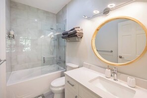 Shower, hair dryer, shampoo