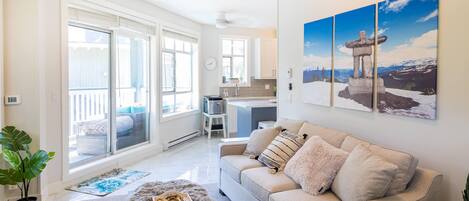 Smart TV, fireplace, books, streaming services