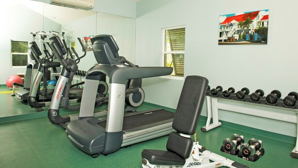 A gym with treadmills, dumbbells, and exercise equipment.