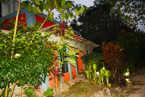 A building with a colorful facade, surrounded by lush greenery and plants. - Calico Jack's Village (Mountain Pine Ridge)