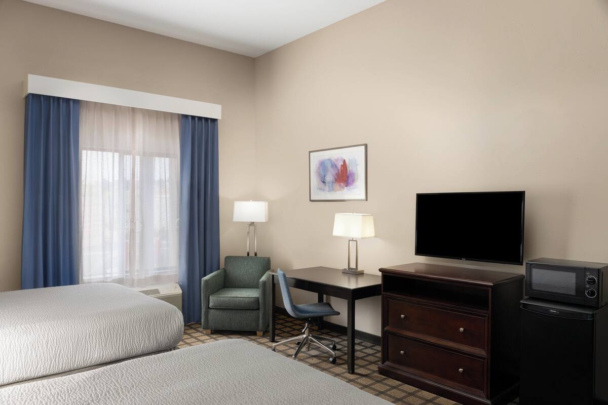 Une chambre d’hôtel avec deux lits, un bureau avec une chaise, une télévision, un four à micro-ondes et un tableau au mur.