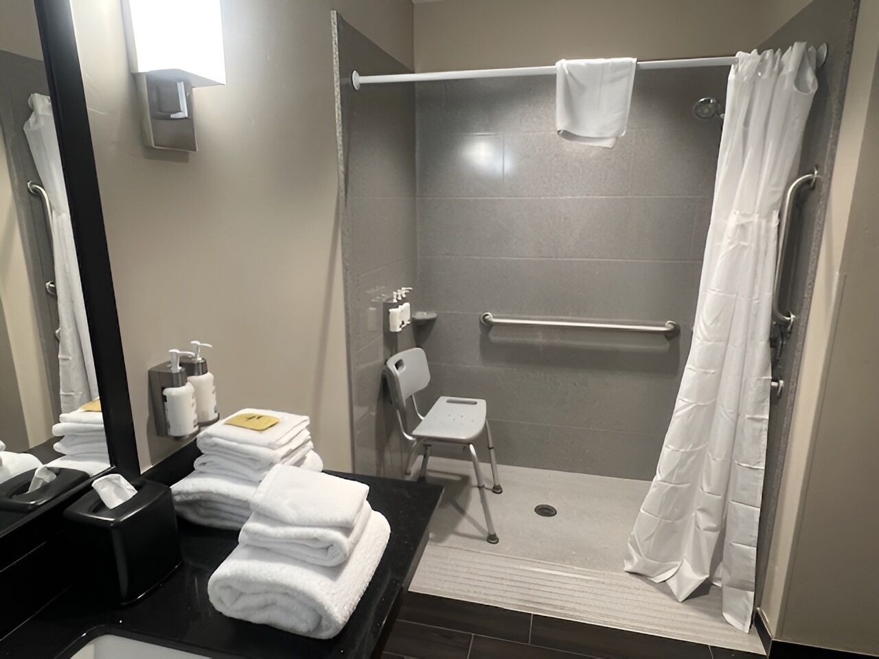 Rom – standard, 2 queensize-senger, tilpasset bevegelseshemmede | Bad | Kombinert dusj/badekar og dusjhode med hydromassaje