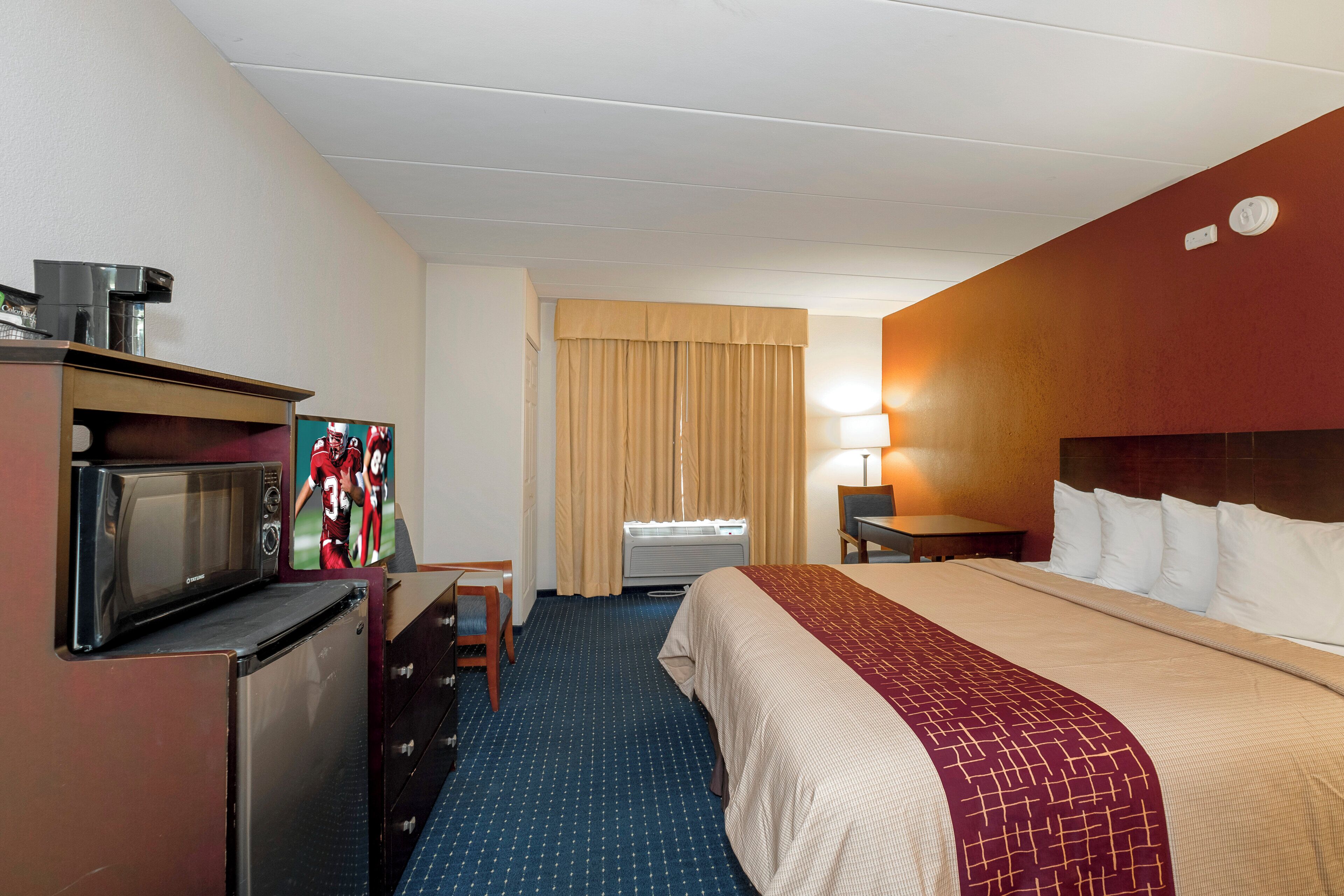 Quarto de hotel com cama, escrivaninha, cadeira, micro-ondas, televisão e janela com cortinas.
