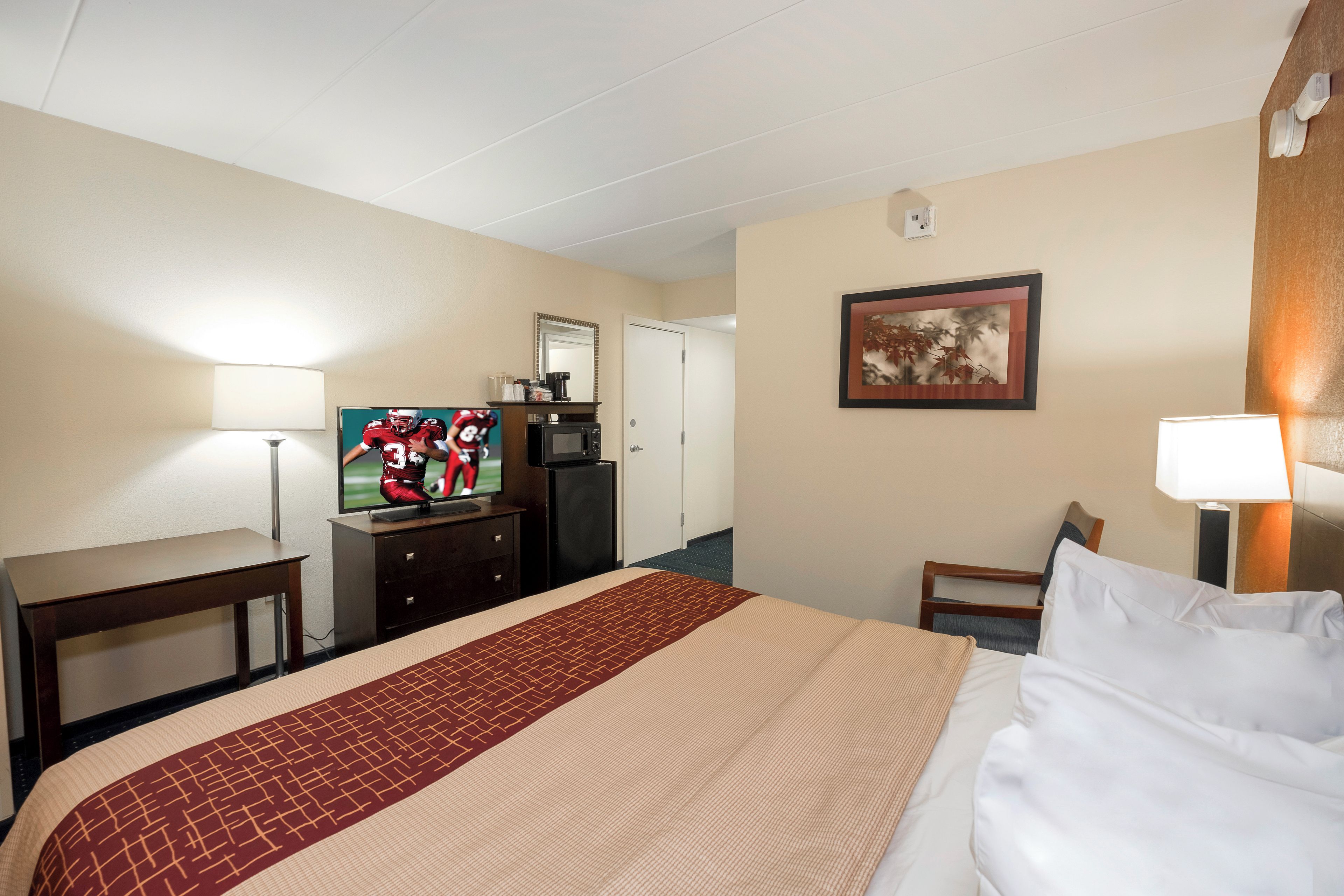 A hotel room with a bed, a desk, a television, a coffee maker, and a framed picture on the wall.