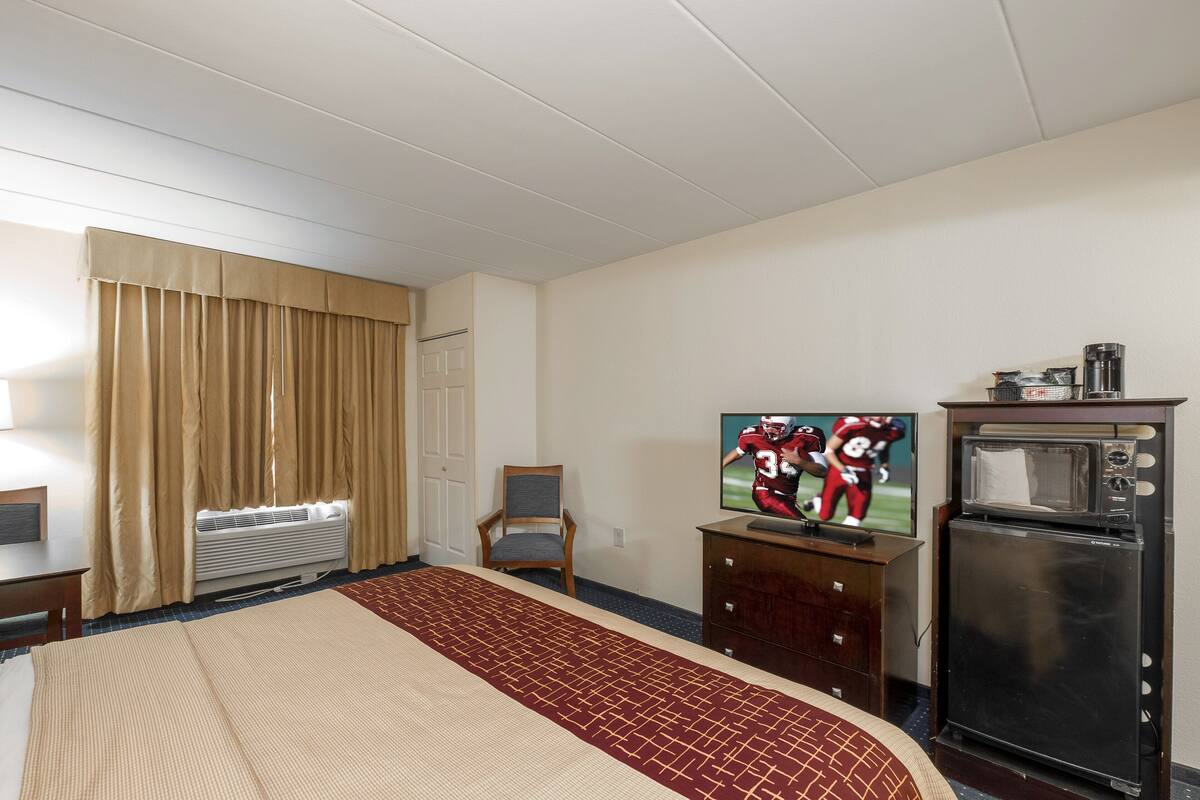 A hotel room with a bed, a television, a microwave, and a chair.