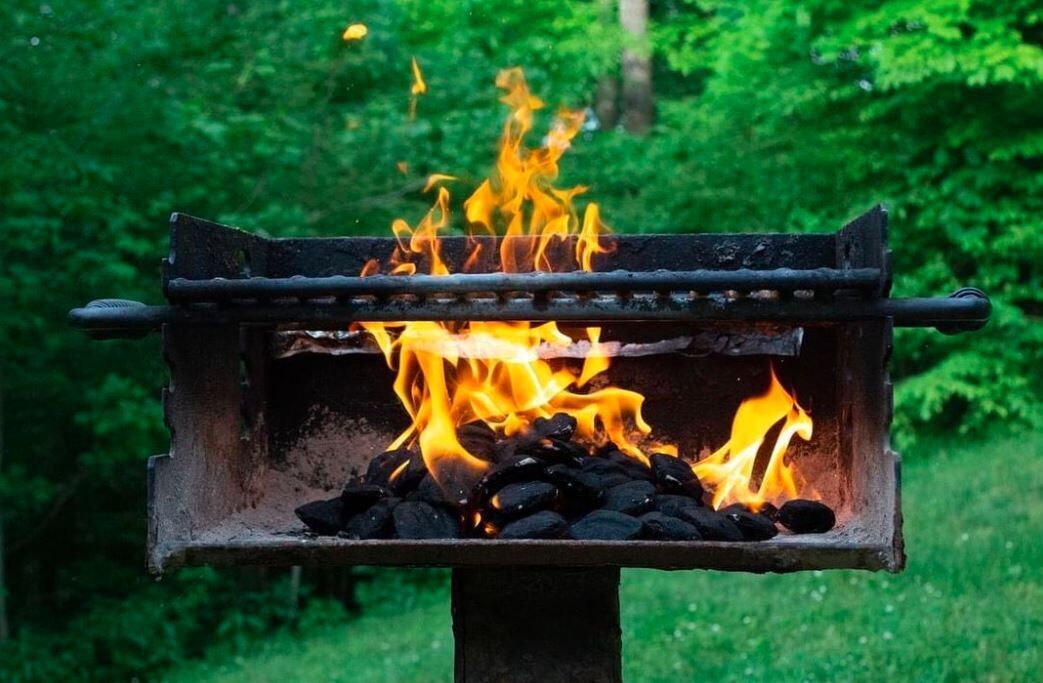 Una parrilla metálica con llamas, rodeada de follaje.