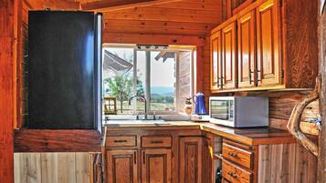 Fridge, microwave, toaster, cookware/dishes/utensils