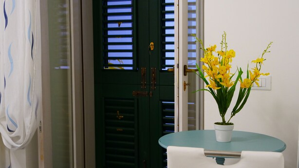 Una habitación con una puerta verde, una pared blanca y una mesa con una planta en maceta.