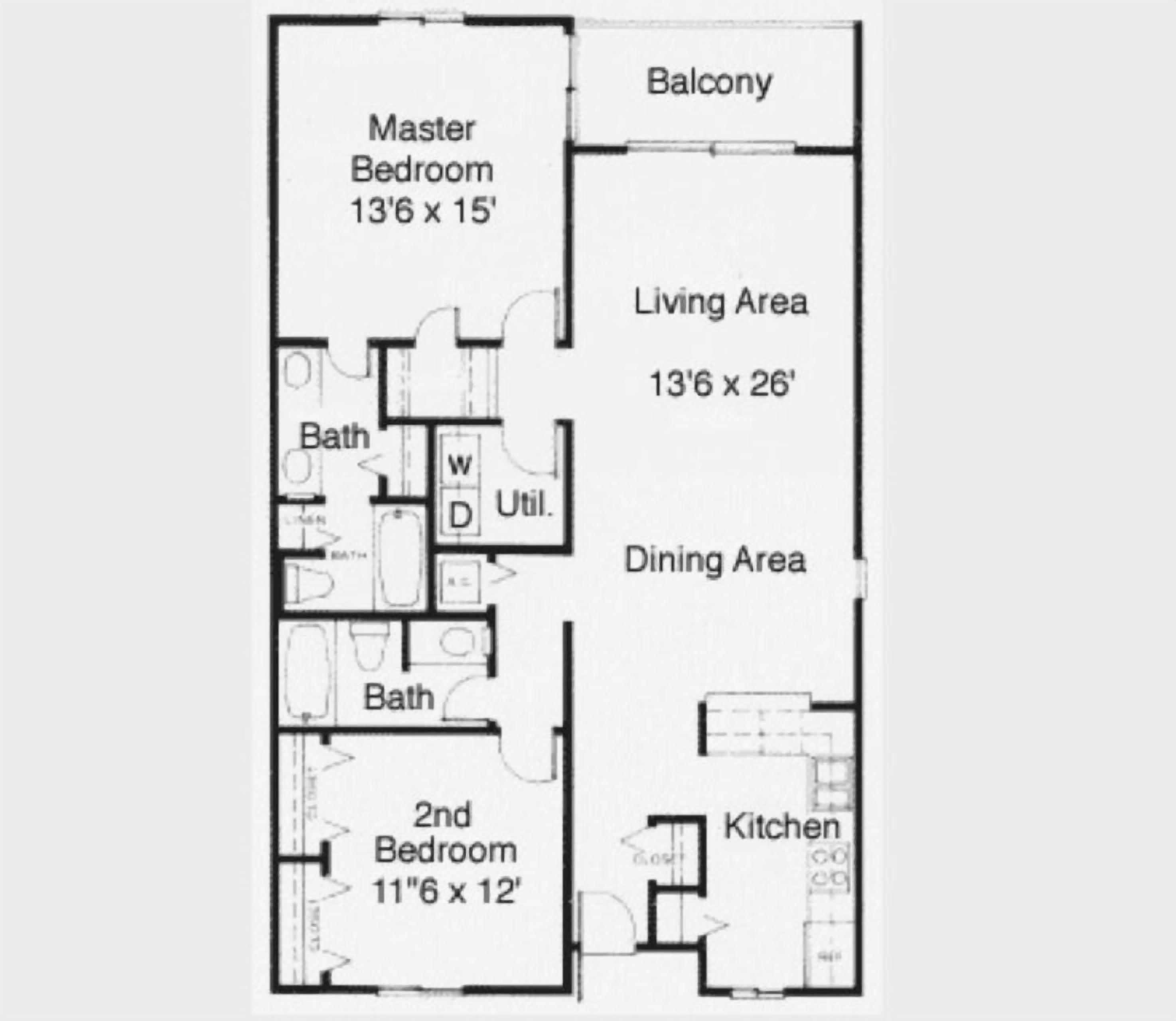 A floor plan of a 2-bedroom apartment with a master bedroom, 2 bathrooms, a balcony, a living area, a dining area, and a kitchen.