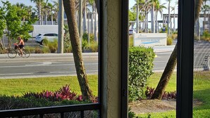 A view through a window with palm trees, a road, and a sign for Siesta Beach. - Condo # 102 Perfect 2 bedroom one bath condo directly across from  famous Siesta Key Beach. (Sarasota)