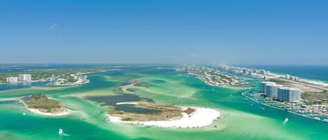 On the beach, windsurfing, kayaking, motor boating