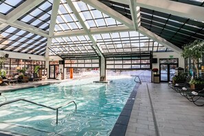 An indoor swimming pool with a glass ceiling, surrounded by lounge chairs and potted plants. - Westgate 4606 (Park City)