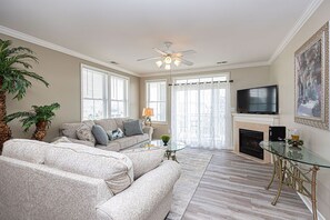 Flat-screen TV, fireplace, DVD player