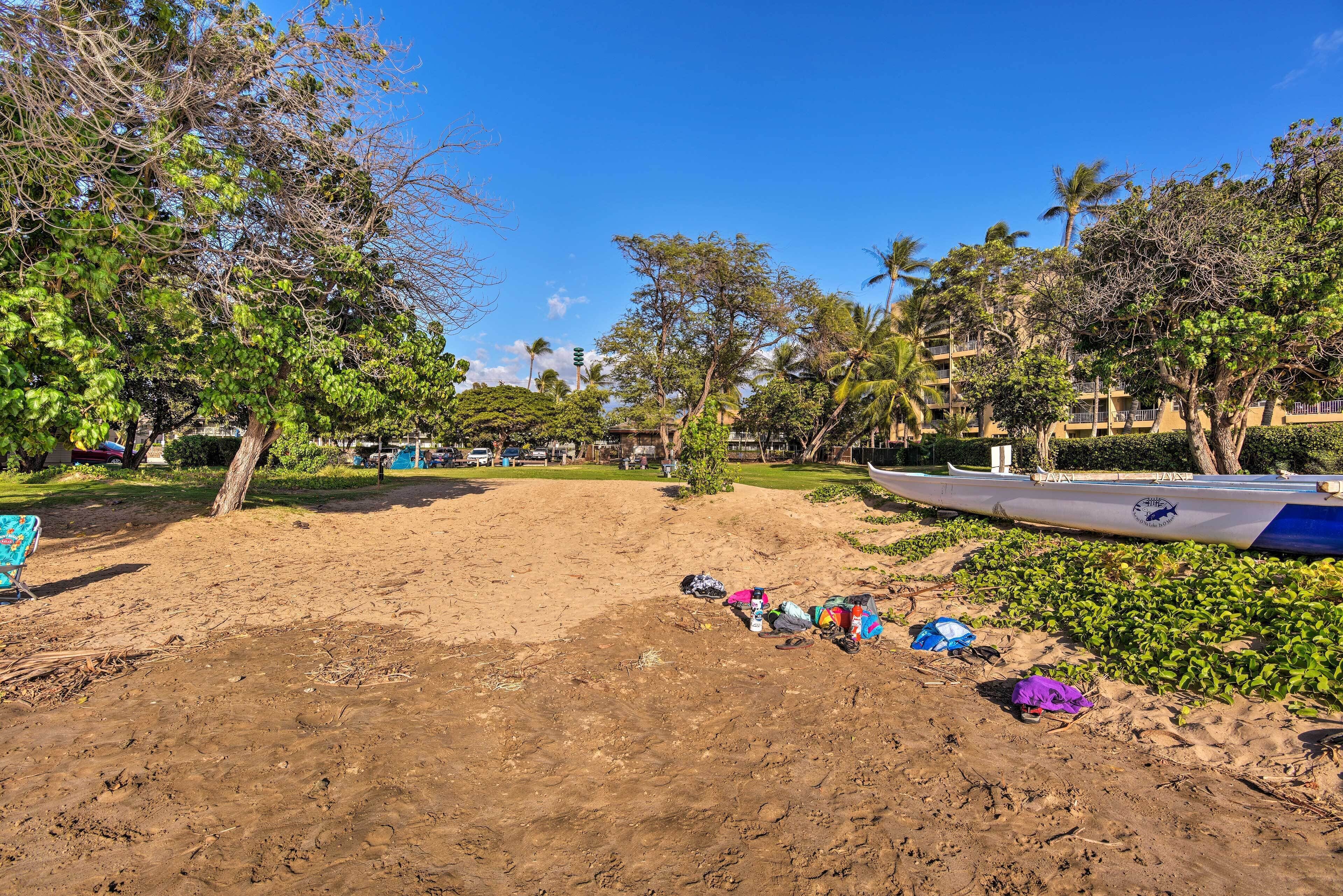 A sandy beach area with a row of trees and a building in the background.