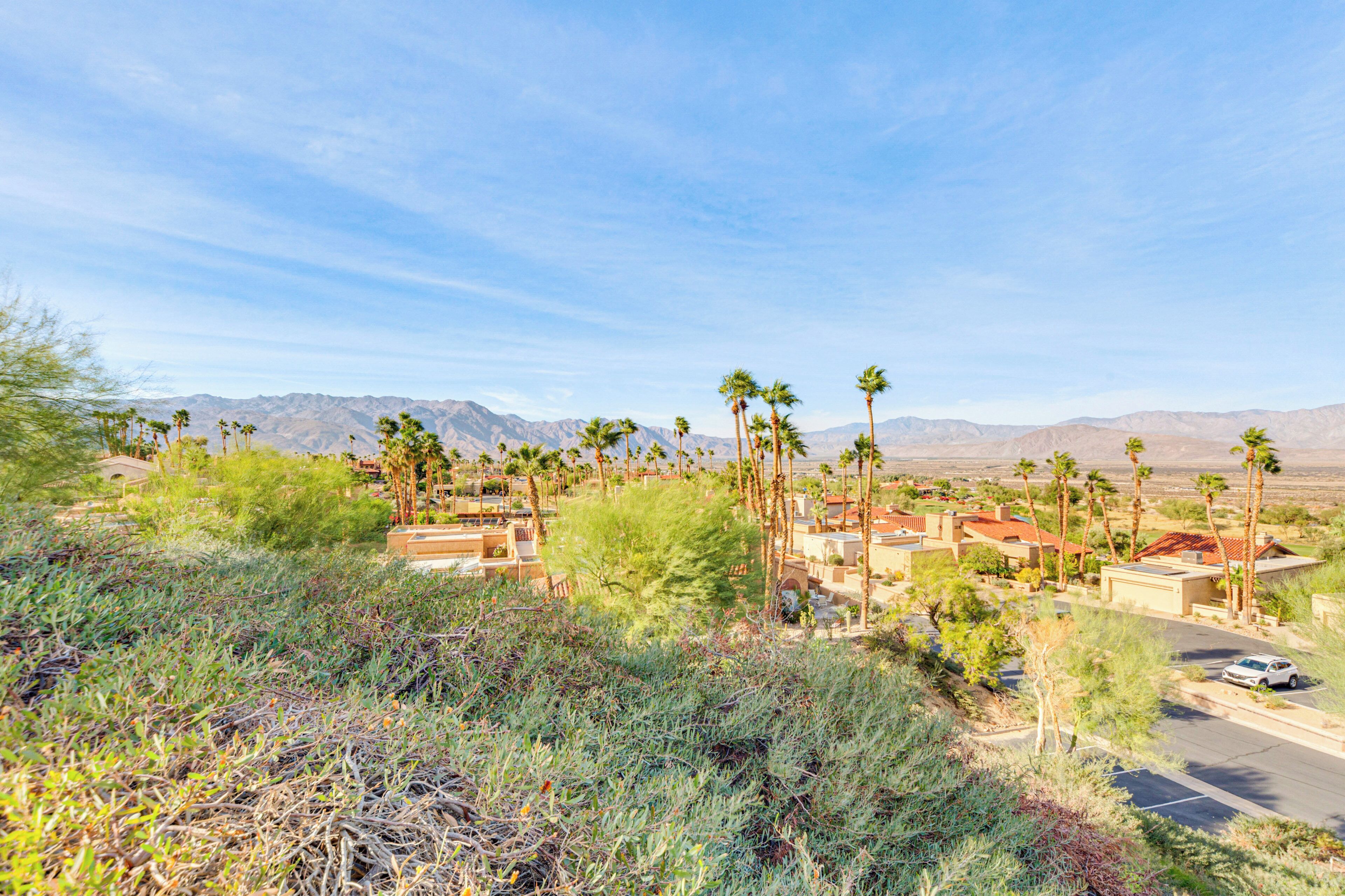Zona residencial con casas, palmeras y montañas al fondo.