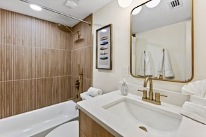 Combined shower/tub, hair dryer, towels - Direct Oceanfront Condo w/A+ Views - Large 3 BR w/ 2 Ocean Facing Balconies! (Cocoa Beach)