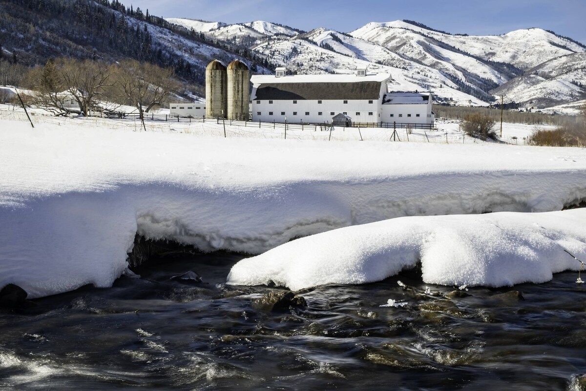 A snow-covered landscape with a building that has a large window and a silo.