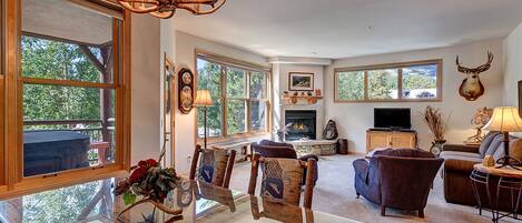 TV, fireplace, table football