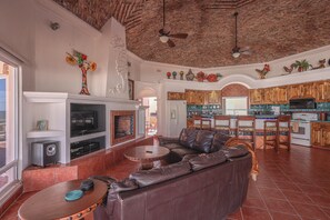 Télévision, cheminée, lecteur de DVD, chaîne hi-fi