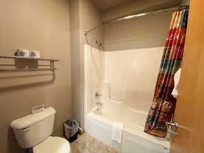 Combined shower/tub, hair dryer, towels