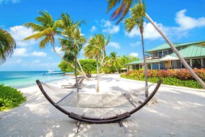 On the beach, sun-loungers, beach towels