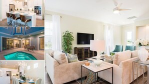 A modern living space with a kitchen, dining area, and a pool.