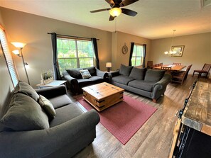 TV, fireplace, table football, ping pong