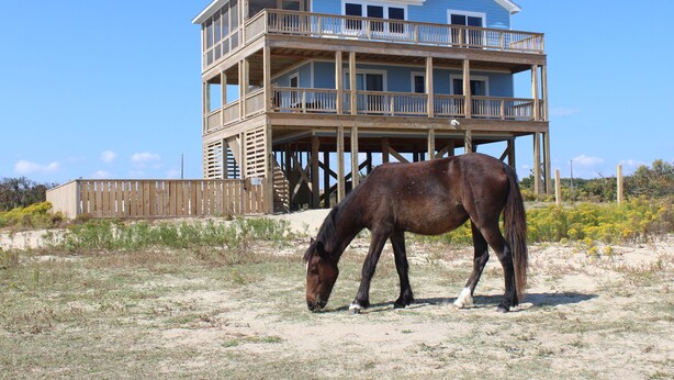 A two-story wooden house with a balcony, surrounded by a sandy area with sparse vegetation. - Summer Paws | 3BR 4x4 OBX | Hot Tub | Pets | 4 night stay available for fall (Carova)