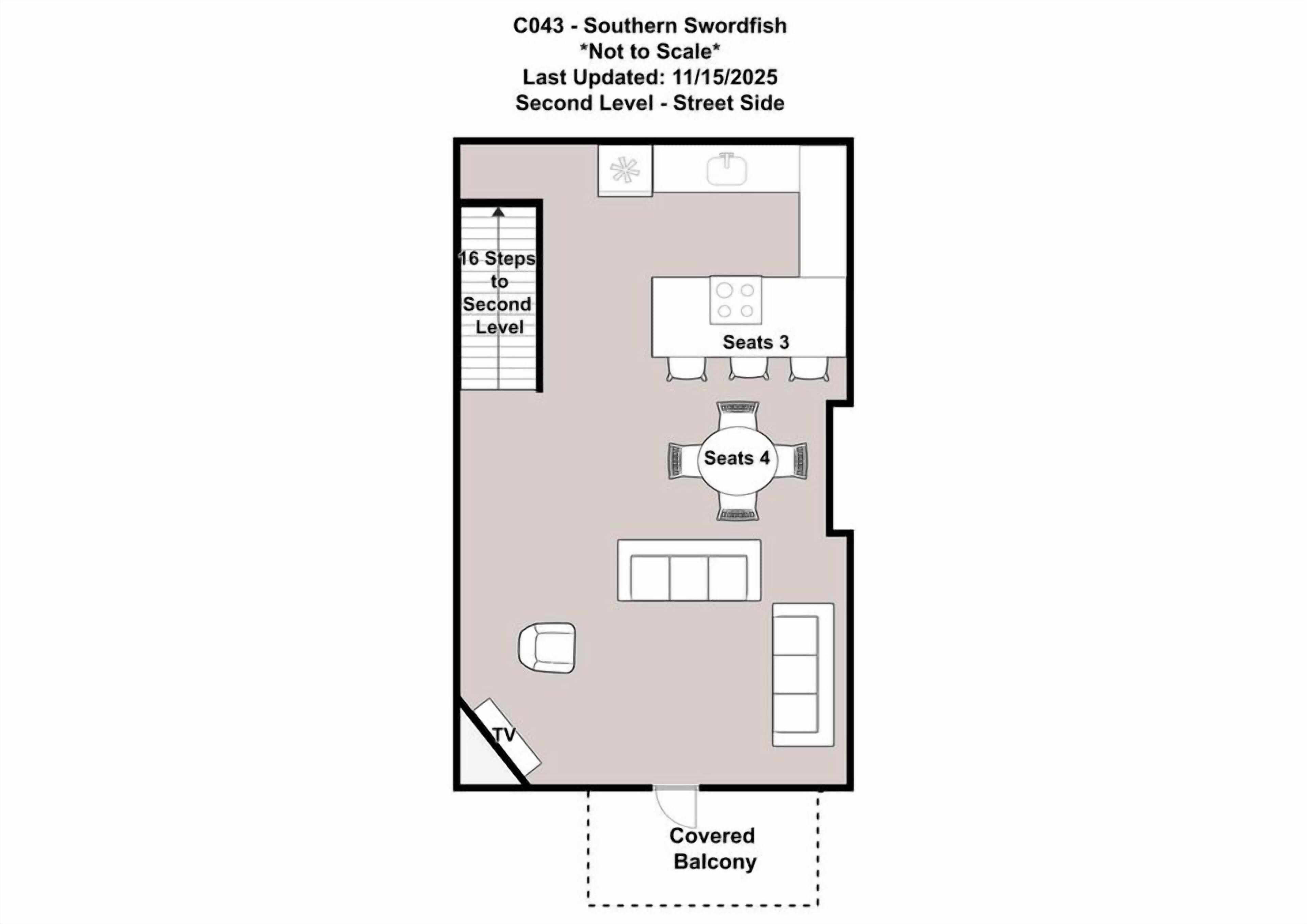 A 2nd level - street side floor plan of a hotel with a covered balcony, TV, 3-seat and 4-seat tables, and a staircase leading to the second level.