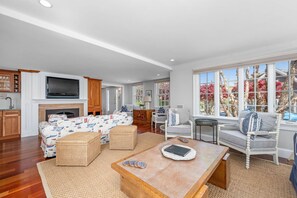 Télévision, cheminée, lecteur de DVD, chaîne hi-fi