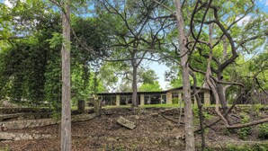 A rustic stone building with a stone staircase leading up to it, surrounded by dense trees and greenery.