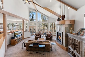 Smart TV, fireplace, foosball