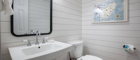 A bathroom with a white sink, a toilet, and a framed map on the wall.