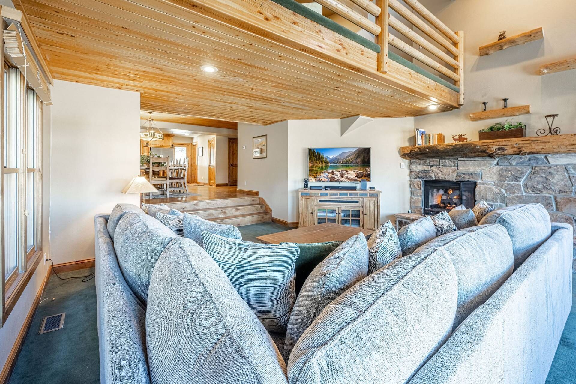 Télévision, cheminée, lecteur de DVD, chaîne hi-fi