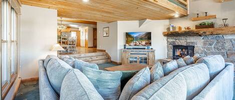 Télévision, cheminée, lecteur de DVD, chaîne hi-fi