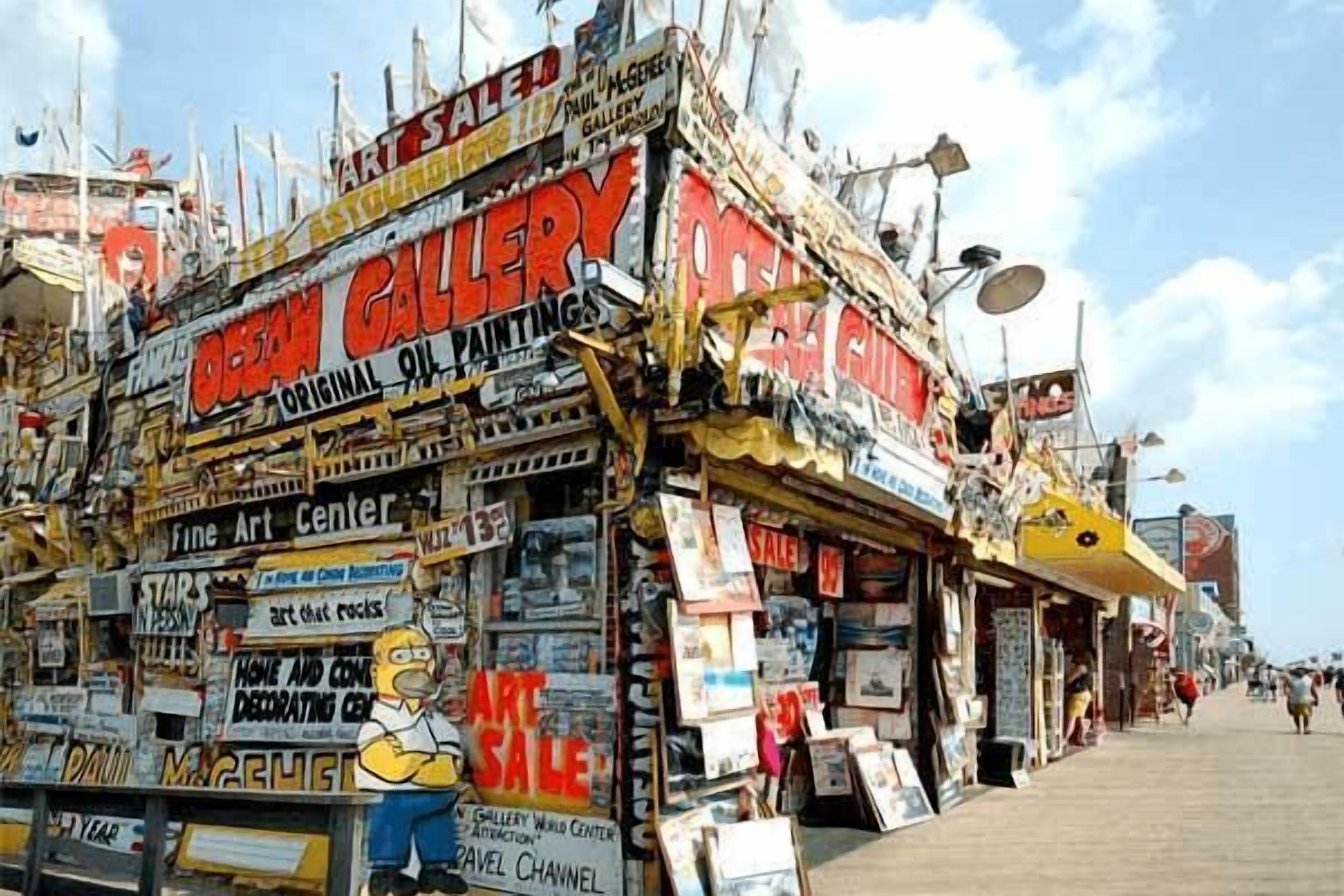 Un escaparate colorido con varios letreros que anuncian ventas de arte y galerías.