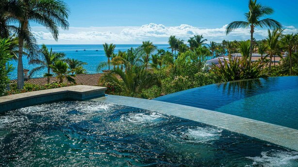 A infinity pool with a view of the ocean and palm trees. - 2 FREE NIGHTS IN CABO at Casa Maravilla! (Palmilla)