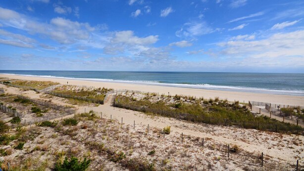 Een strand met een heldere lucht en een zandpad dat naar het water leidt.