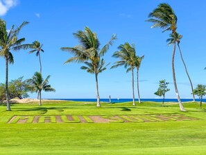 A golf course with palm trees and a clear blue sky.